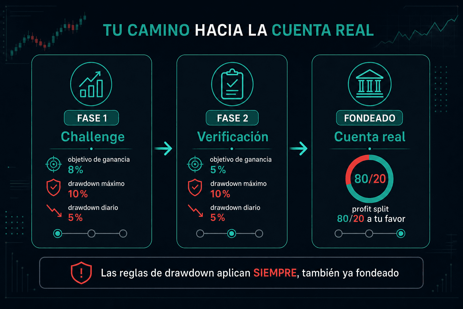 Embudo del fondeo en tres tarjetas: Fase 1 Challenge con objetivo de ganancia de 8%, Fase 2 Verificación con objetivo de 5%, ambas con drawdown máximo de 10% y diario de 5%, y al final la cuenta real fondeada con profit split 80/20 a tu favor